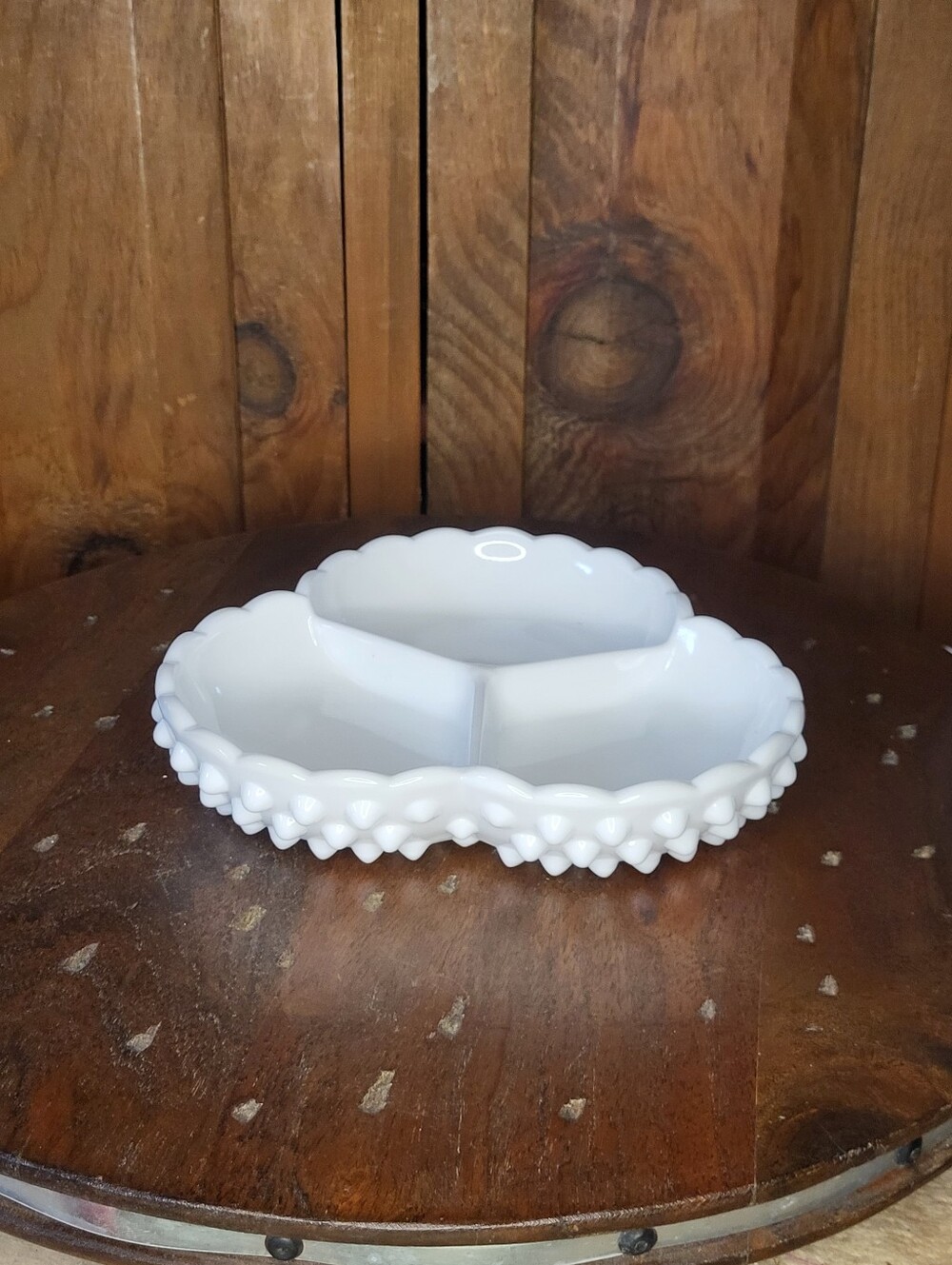 White Hobnail Milk Glass Divided Serving Dish